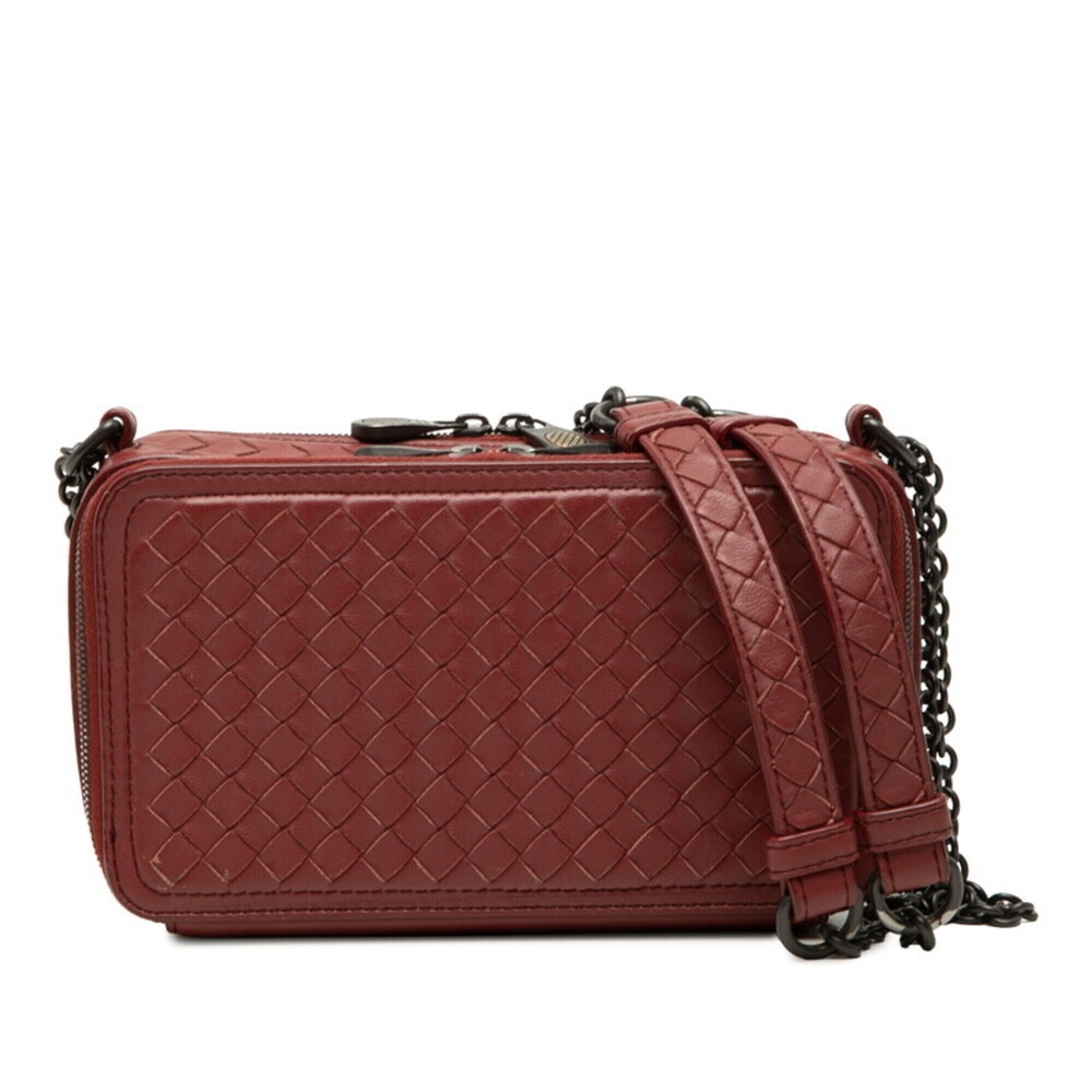 Bottega Veneta Intrecciato Wallet Chain Shoulder Bag Red Leather Women's BOTT...